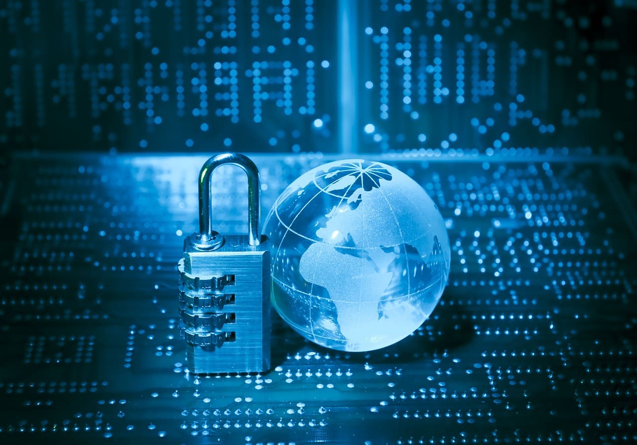 Lock and globe on digital background